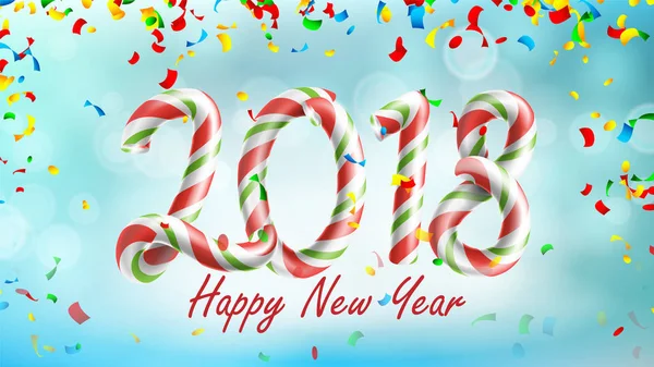 Mutlu yeni yıl 2018 arka plan vektör. Poster veya tebrik kartı tasarım şablonu 2018. Düşen konfeti patlama. Dekorasyon 2018 yıl tarih. İllüstrasyon kutlamak — Stok Vektör