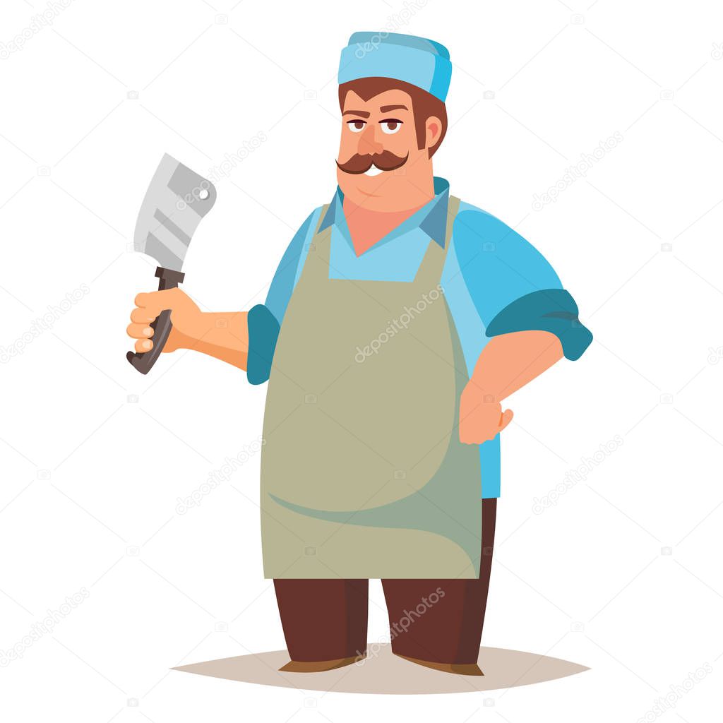 Happy Butcher Vector. Standing Butcher Man With Knife. Natural Meat. For Steak, Meat Market, Storeroom Advertising Concept. Cartoon Isolated Illustration.