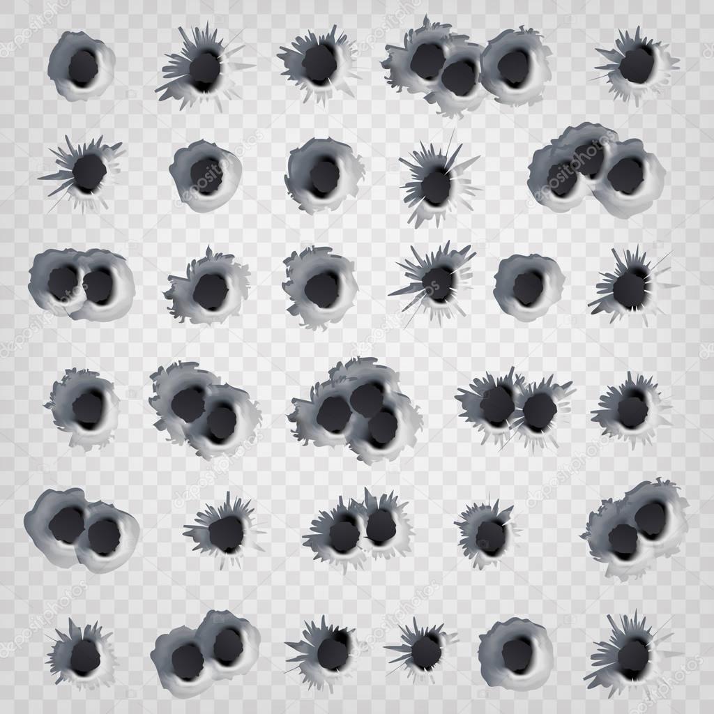 Bullet Holes Set Vector. Weapon Holes Isolated On Transparent Background. Illustration