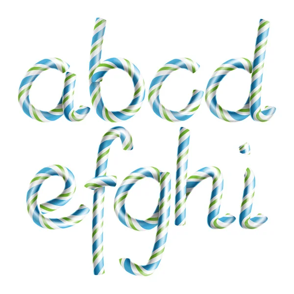 Písmena A, B, C, D, E, G, G, H, I. vektoru. 3D realistické Candy Cane abeceda Symbol v vánoční barevné novoroční dopis texturou zelená, modrá. Typografie pruhované řemesla, samostatný. Xmas umění ilustrace — Stockový vektor