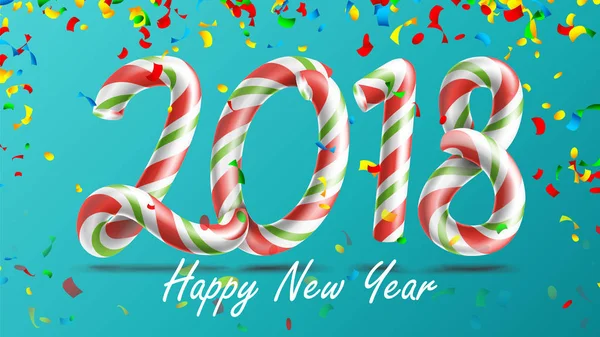 2018 mutlu yeni yıl vektör. Noel renklerde 3D sayı işareti. Klasik Xmas kırmızı, beyaz, şeker kamışı. Yeni yıl Poster, tebrik kartı, broşür, el ilanı tipografi şablon tasarımı. İzole illüstrasyon — Stok Vektör
