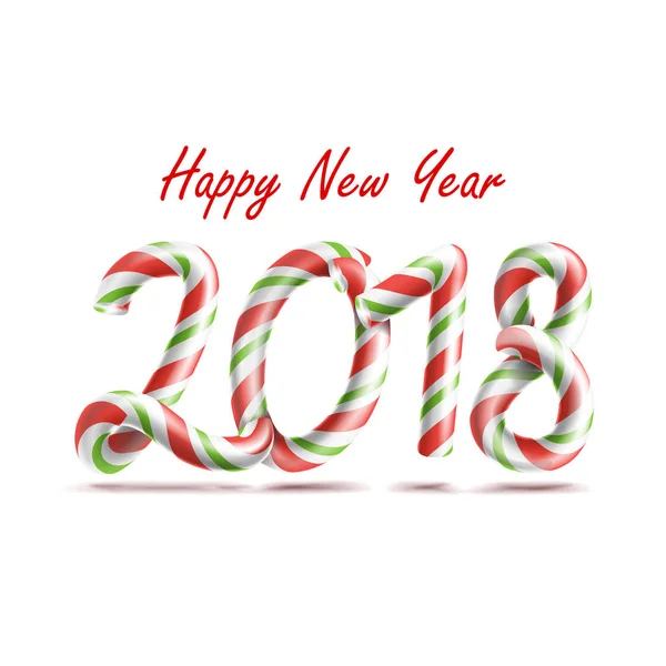 2018 mutlu yeni yıl vektör. Noel renklerde 3D sayı işareti. Klasik Xmas kırmızı, beyaz, şeker kamışı. Yeni yıl Poster, tebrik kartı, broşür, el ilanı tipografi şablon tasarımı. İzole illüstrasyon — Stok Vektör