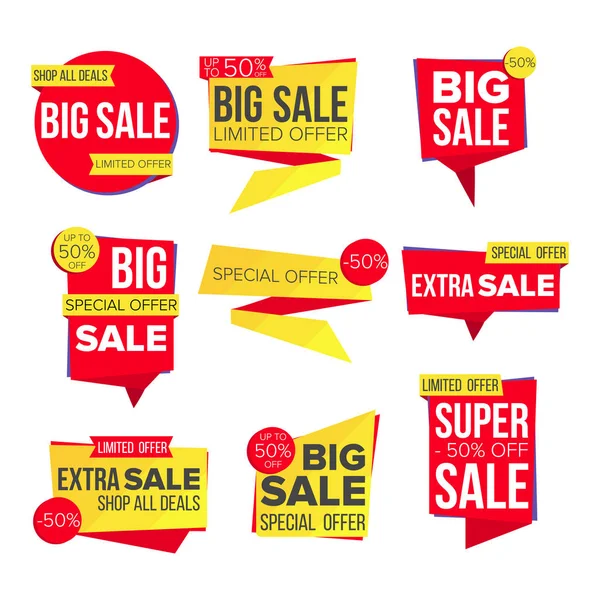 Sale Banner Set Vector. Website Stickers, Color Web Page Design. Up To 50 Percent Off Badges. Isolated Illustration — Stock Vector