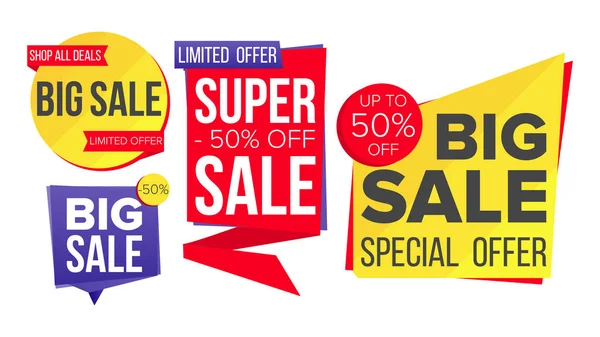 Satış Banner Set vektör. Etiket, özel teklif afiş indirim. İndirim ve promosyon. Yarı fiyatına renkli çıkartmalar. İzole illüstrasyon