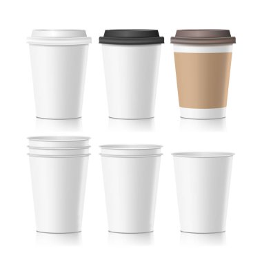 Kahve kağıt bardak vektör ayarlayın. Boş temiz kağıt toplama 3d kahve Kupası Mockup. İzole illüstrasyon