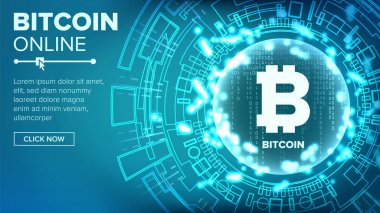 Bitcoin soyut teknoloji arka plan vektör. İkili kod. Fintech Blockchain. Şifreleme. Cryptocurrency madencilik konsept illüstrasyon.