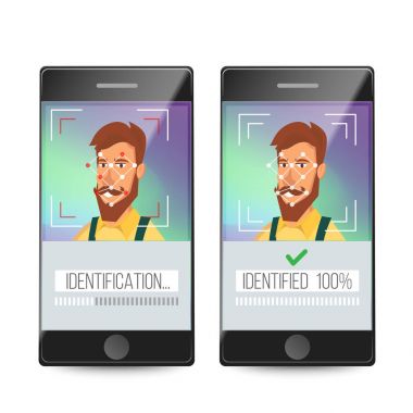 Yüz tanıma özelliği, mobil kimlik vektör. Elektronik doğrulama. Yüz tanıma sistemi kavramı. Güvenli kimlik doğrulaması illüstrasyon