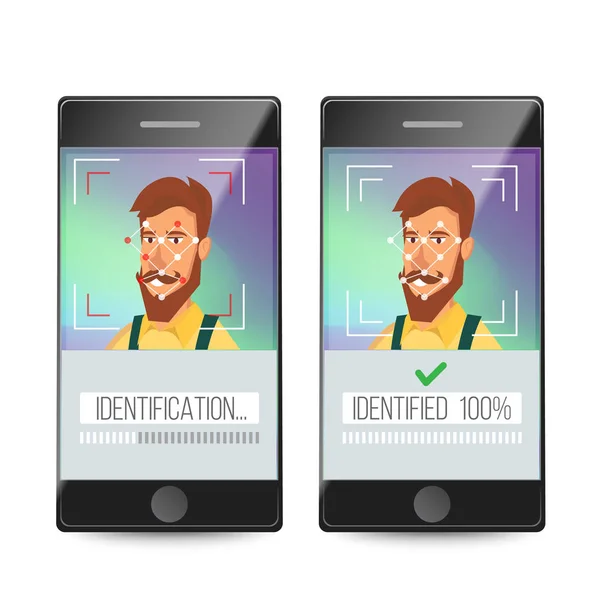 Reconocimiento facial, Vector de identificación móvil. Verificación electrónica. Concepto de sistema de reconocimiento facial. Ilustración de autenticación segura — Archivo Imágenes Vectoriales