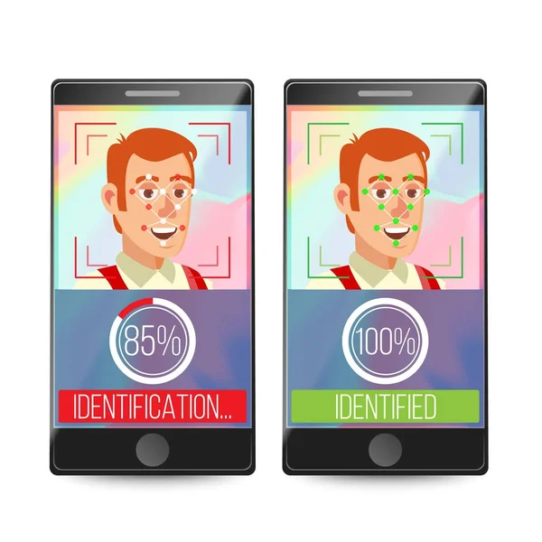 Smartphone Scan persoon gezicht Vector. De verificatie van de elektronische identiteit. Smartphone biometrische Scan systeem. Illustratie — Stockvector