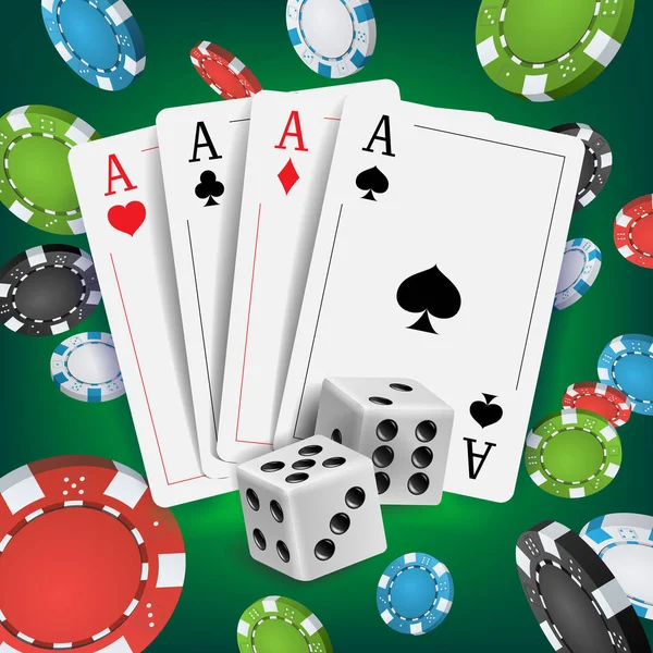 카지노 포커 디자인 벡터입니다. 포커 카드, 카드 도박을 재생입니다. 포커 카드, 칩, 카드 도박을 재생 합니다. 온라인 카지노 럭키 배경 개념입니다. 현실적인 그림 — 스톡 벡터