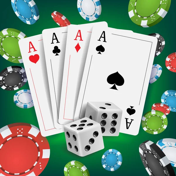 Casino Poker tasarlamak vektör. Poker kartları, kart kumar oynuyor. Poker kartları, cips, kartları kumar oynama. Online Casino şanslı arka plan kavramı. Gerçekçi illüstrasyon — Stok Vektör