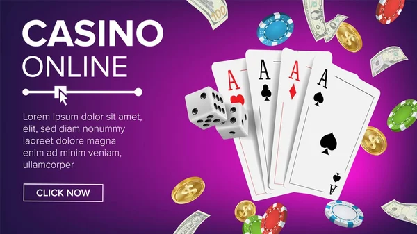 Casino Poker Design Vector. Conceito de fundo sorte casino online. Cartas de poker, fichas, cartas de jogo. Ilustração realista — Vetor de Stock