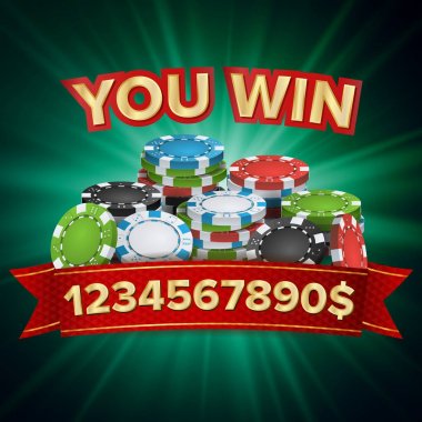 Sen kazandın. Galibi arka plan vektör. Jackpot illüstrasyon. Büyük kazan Banner. Online Casino için oyun kartları, slot, rulet. Poker fiş yığınları