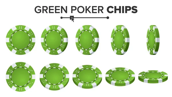 Gröna Poker Chips vektor. Realistisk uppsättning. Pokerspel Chips Sign isolerad på vit bakgrund. Vänd olika vinklar. Framgång konceptet Illustration. — Stock vektor