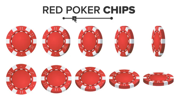 Rote Pokerchips Vektor. 3D realistisches Set. Plastik Pokerchips Zeichen isoliert auf weißem Hintergrund. Verschiedene Blickwinkel wechseln. Hauptgewinn, Erfolgsillustration. — Stockvektor