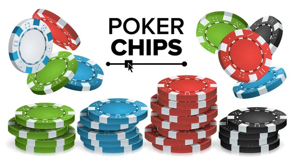 Casino čipy hromádky vektor. 3D realistické. Barevné Poker hra čipy Sign ilustrace. — Stockový vektor