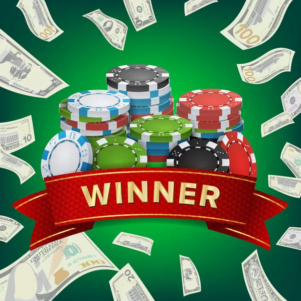 Vítěz pozadí vektor. Hazardní hry Poker Chips šťastných Jackpot ilustrace. Online kasino hrací karty, automaty, ruleta. Peníze komíny. Noční klub Billboard koncept. — Stockový vektor