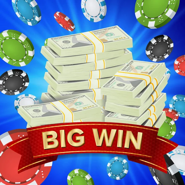 Grote winnaar Poster Vector. U wint. Gokken Poker Chips. Dollar geld bankbiljetten stapels illustratie — Stockvector