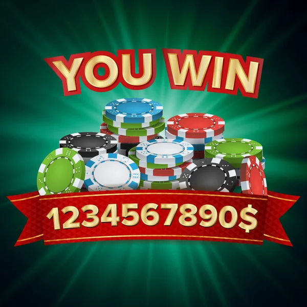 You Win. Winner Background Vector. Jackpot Illustration. Big Win Banner. For Online Casino, Playing Cards, Slots, Roulette. Poker Chips Stacks — Stock Vector