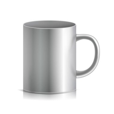 Metal kupa Mug vektör. 3D gerçekçi metalik krom, Gümüş bardak beyaz arka plan üzerinde izole. Klasik kupa kolu çizim ile. İşinizi marka için