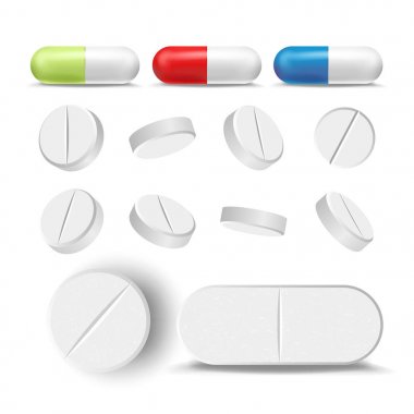 Kapsül hap ve uyuşturucu vektör ayarlayın. İlaç ilaçlar ve Vitamin. Beyaz illüstrasyon izole