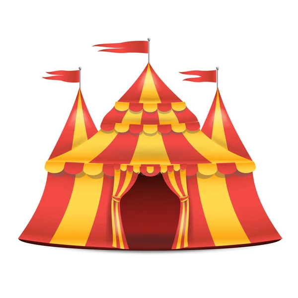 Vettore realistico della tenda del circo. Strisce rosse e gialle. Illustrazione della tenda del circo della grande cima del fumetto — Vettoriale Stock