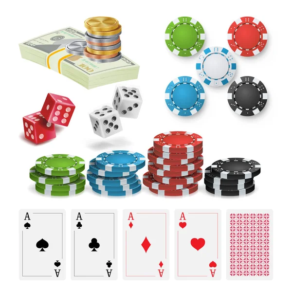 Vector de elementos de diseño de casino. Fichas de póquer, naipes, dados. Ilustración aislada — Vector de stock