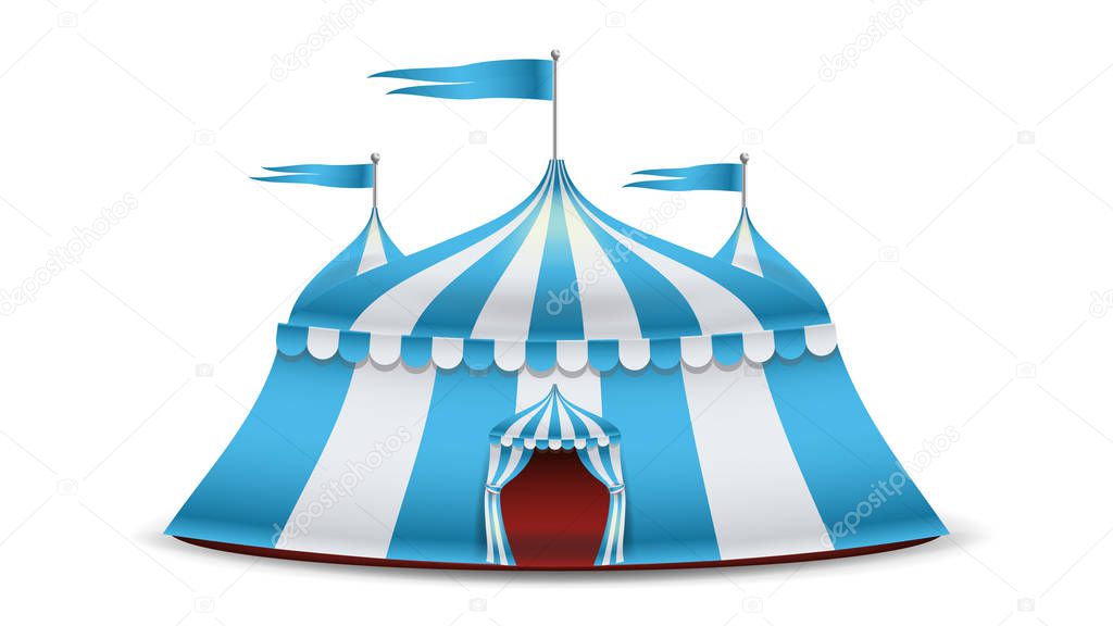 Cartoon Circus Tent Vector. Blue And White Stripes. Funfair, Carnival Holidays Concept Illustration