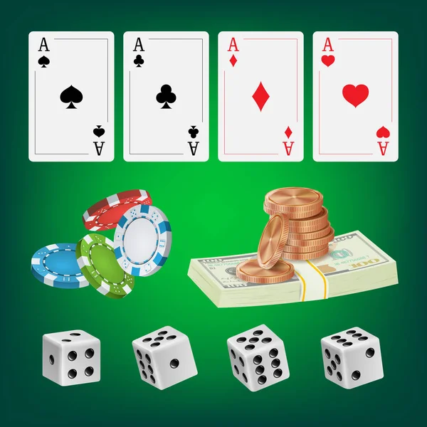 Vector de elementos de diseño de poker. Fichas, pilas de dinero, jugar a las cartas de juego. Concepto del Royal Fortune Club. Ilustración — Archivo Imágenes Vectoriales