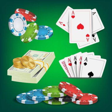 Poker tasarım öğeleri vektör. Para yığınları, cips, kartları kumar oynama. Royal Casino Retro Poker kulübü illüstrasyon