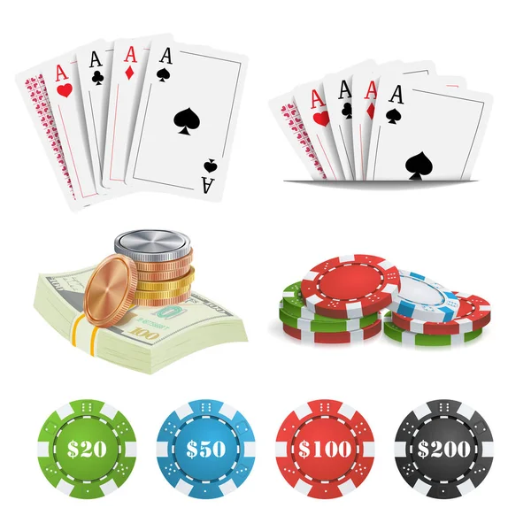 Casino Design Elements Vector. Poker Cards, Chips, Playing Gambling Cards. Lucky Night VIP Winner Isolated Illustration — Stock Vector