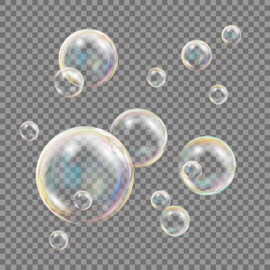 Şeffaf sabun köpüğü vektör. Renkli düşen sabun köpüğü. İzole illüstrasyon