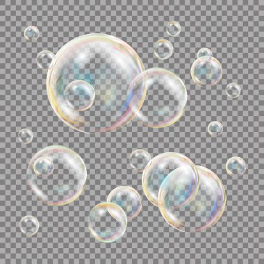 3D sabun köpüğü şeffaf vektör. Küre top. Su ve köpük tasarım. İzole illüstrasyon