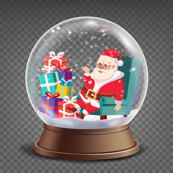 Natal 3d clássico Xmas Snow Globe Vector. Desenhos animados Papai Noel com presentes. Esfera de vidro com clarões e luzes. Isolado em fundo transparente Ilustração — Vetor de Stock