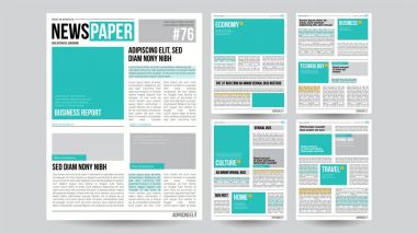 Gazete şablon vektör. Mali makaleler, iş bilgi. Açılış düzenlenebilir başlıkları metin makaleleri. Gerçekçi izole illüstrasyon