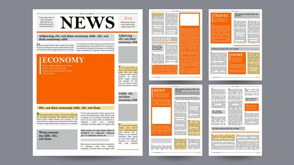 Gazete tasarım şablonu vektör. Görüntüleri, makaleler, iş bilgi. Açılış düzenlenebilir başlıkları metin makaleleri. Gerçekçi izole illüstrasyon — Stok Vektör