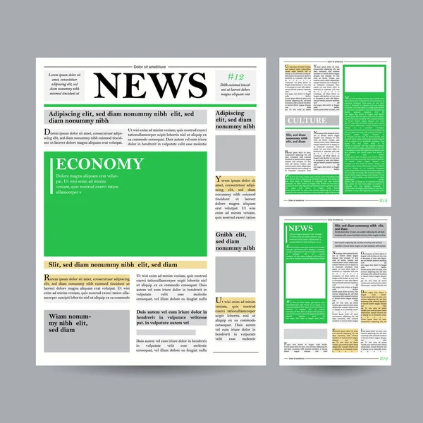 Vetor de modelo de jornal. Artigos Financeiros, Publicidade Informações Comerciais. World News Economy Headlines (em inglês). Espaços em branco para imagens. Ilustração isolada —  Vetores de Stock