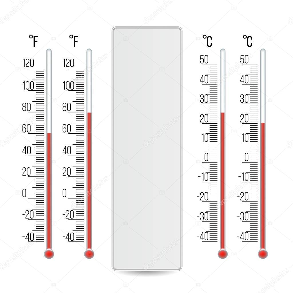 Meteorology Thermometer Vector. Scale Celsius, Fahrenheit. Isolated Illustration