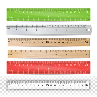 Renk okul cetvel vektör. Plastik, ahşap, Metal. Santimetre ve inç ölçek. İleti örneği Cetvel aracı. İzole illüstrasyon