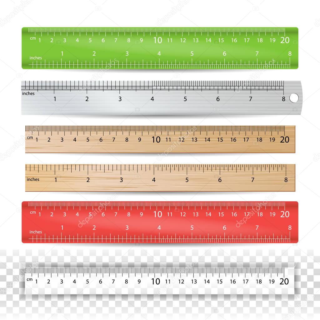 Color School Ruler Vector. Plastic, Wooden, Metal. Centimeters And Inches Scale. Stationery Ruler Tool. Isolated Illustration