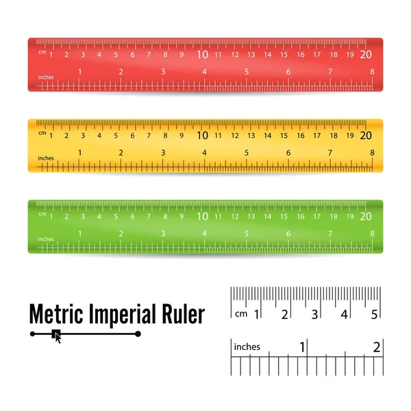 Schulmaßstab-Vektor. Messwerkzeug. Millimeter, Zentimeter und Zoll Skala. Vereinzelte Illustration — Stockvektor