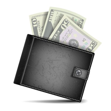 Tam cüzdan vektör. Siyah renk. Klasik Modern deri cüzdan. Doları banknot. İzole illüstrasyon