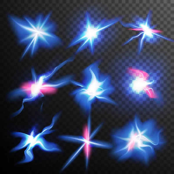 Blå stjärnor skurar glöd ljuseffekt vektor. Magiska Flash energi ljus stråle. Bra för Banners, broschyr, jul koncept. Transparent bakgrund Illustration — Stock vektor