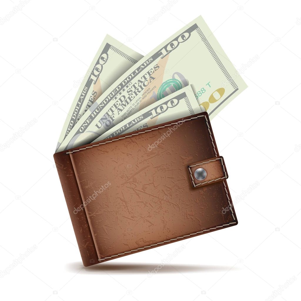 Full Wallet Vector. Brown Color. Full Wallet. Modern Leather Wallet. Dollar Banknotes. Isolated Illustration