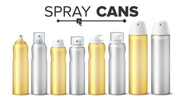 Spray Can Set Vector. Realistic White Cosmetics Bottles Blank Can Spray, Deodorant, Air Freshener. With Lid And Without. 3D Packaging. Mock Up. Isolated Illustration
