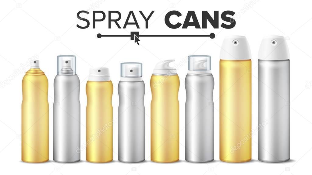 Spray Can Set Vector. Realistic White Cosmetics Bottles Blank Can Spray, Deodorant, Air Freshener. With Lid And Without. 3D Packaging. Mock Up. Isolated Illustration