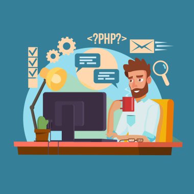Programcı adam vektör. Klasik profesyonel programcı adam kodlama. Kodunu yazarak yazılım programcısı. Düz çizgi film illüstrasyon
