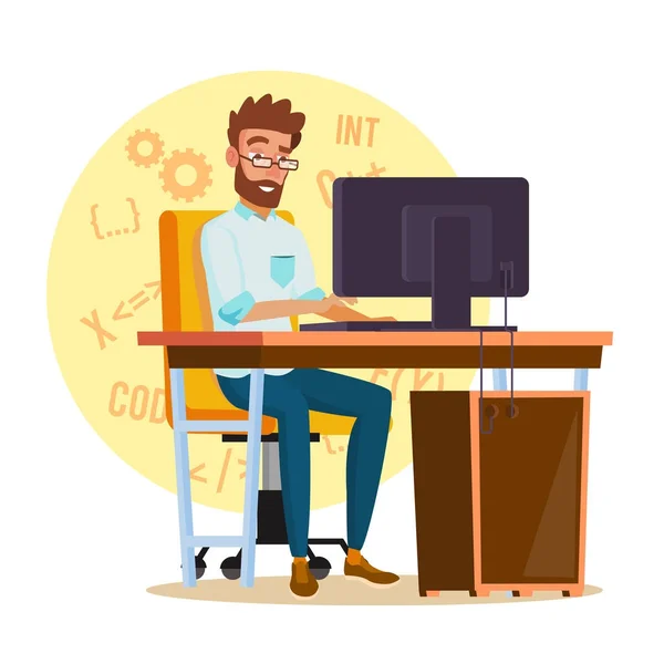 Programador Man Vector. Desenvolvedor jovem estilizado. Pessoa a trabalhar no computador. Ilustração de Personagem de Desenhos Animados Planos Isolados — Vetor de Stock