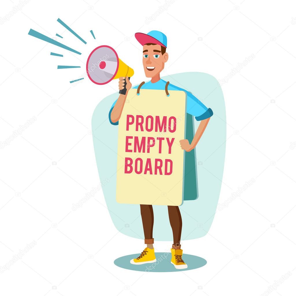 Human Billboard Vector. Man Holding Empty Board. Social Or Political Movement. Isolated Flat Cartoon Character Illustration