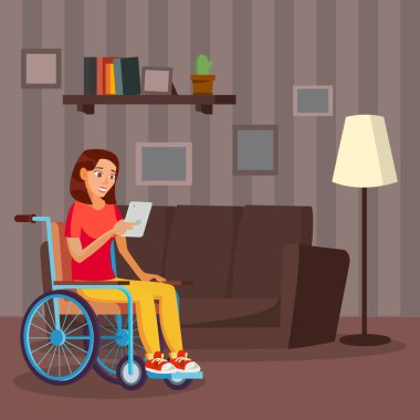 Engelli kadın vektör. Sakatlık ile yaşamak. Engelli erkek gülümseyen. Beyaz çizgi film karakteri illüstrasyon izole